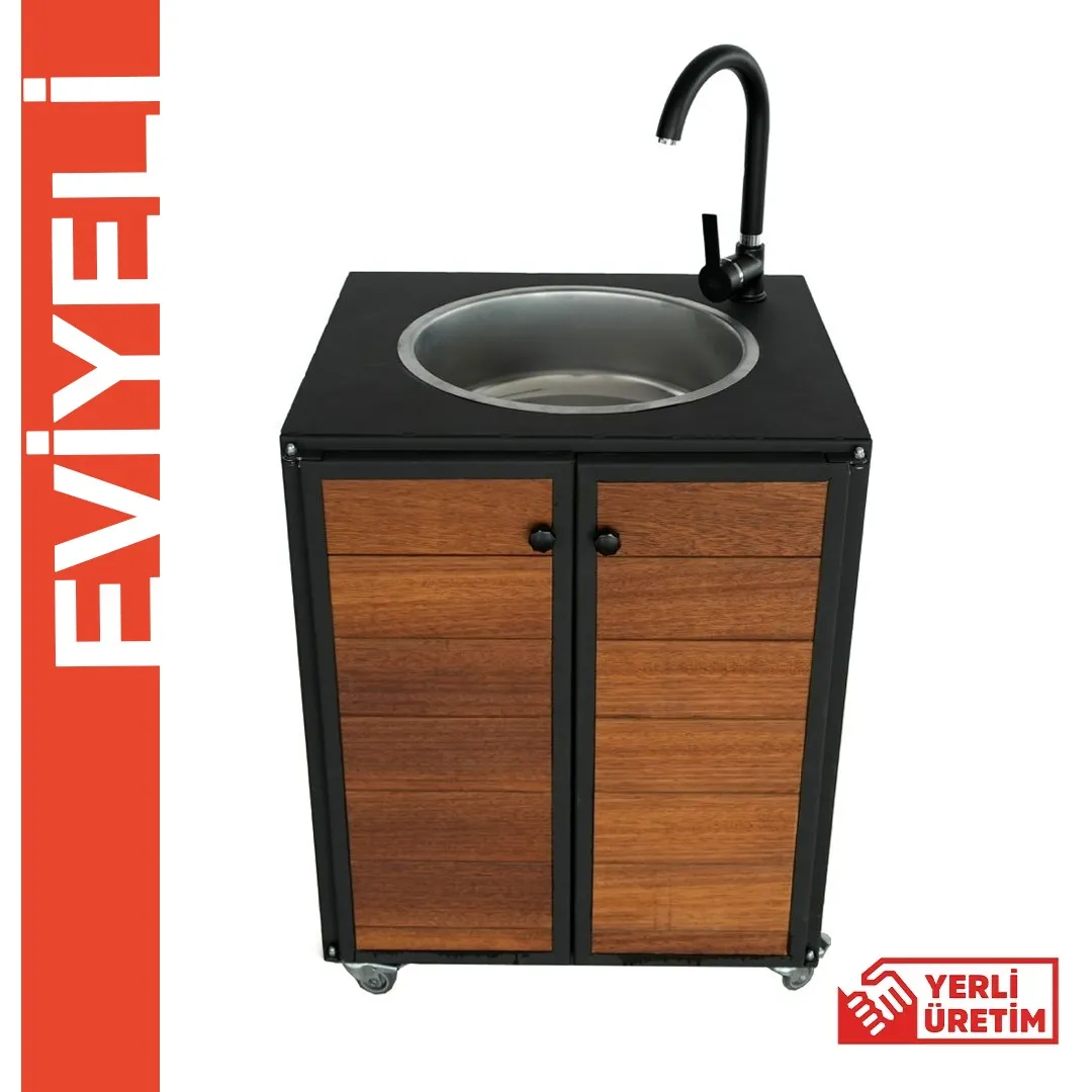 Dekoratif İroka Ahşap Detaylı Bataryalı Eviyeli Dolap Modül