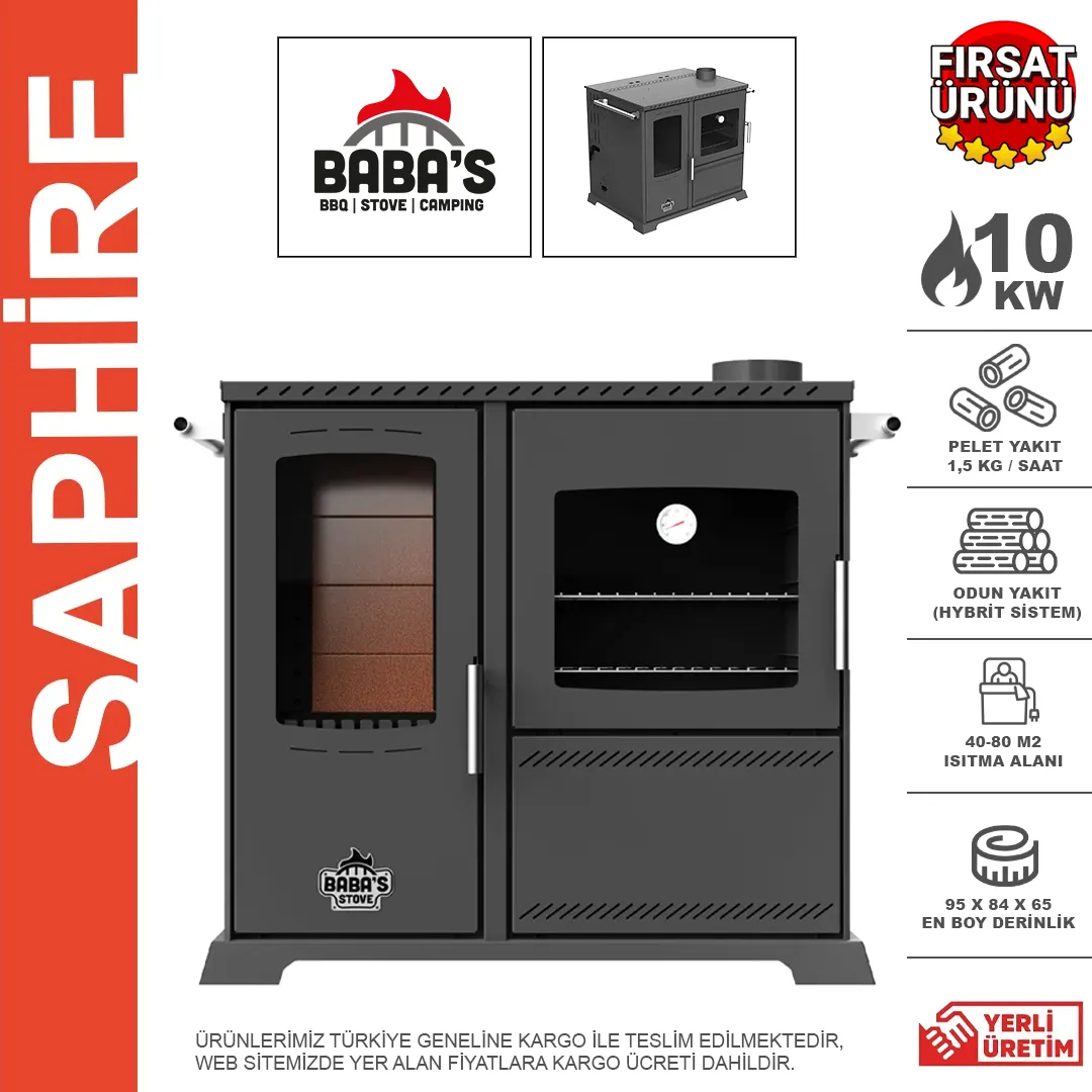 Babas Stove Saphire Kuzine 10Kw Manuel Odun Ve Pelet Sobası	